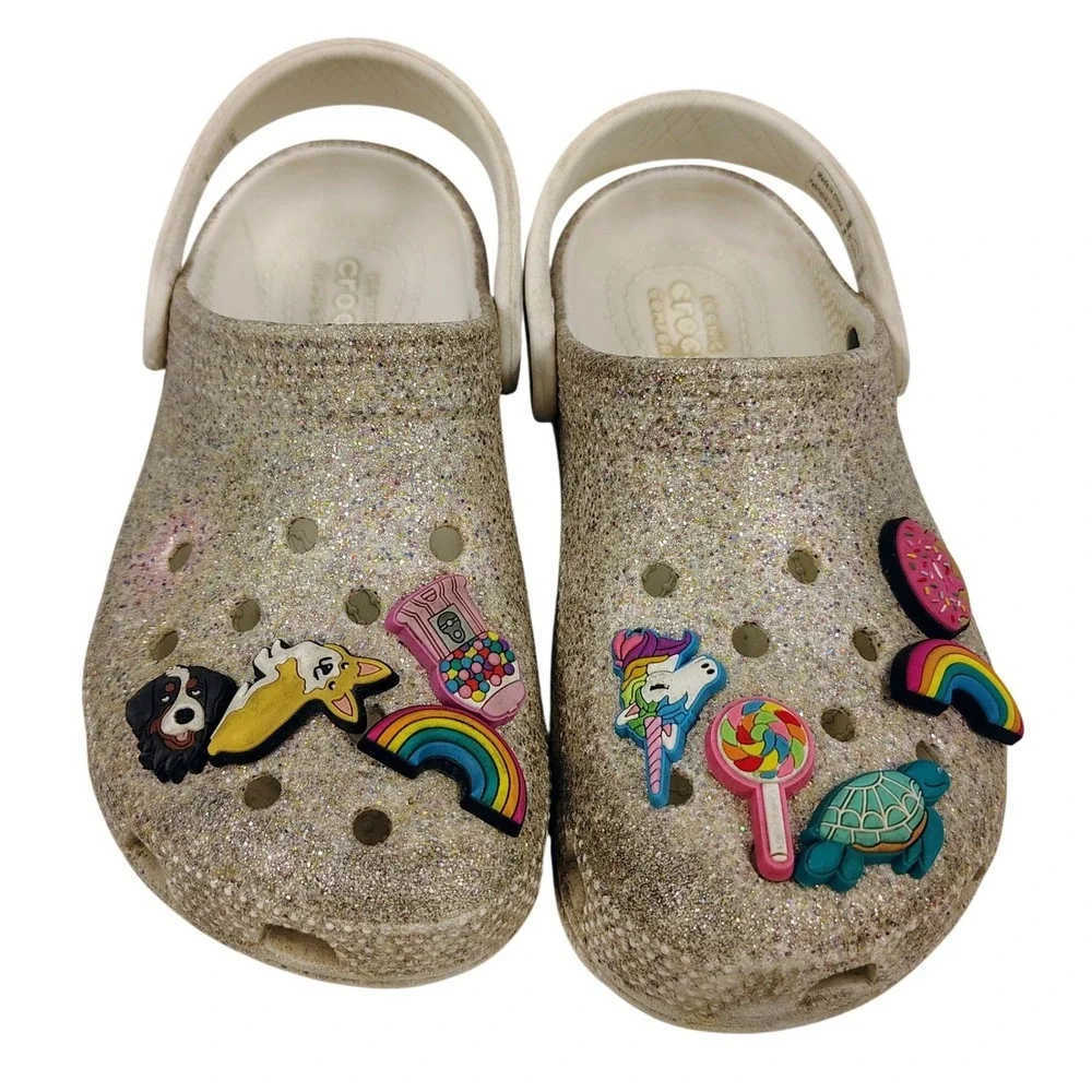 Crocs Classic‎ Glitter Clog Silver Multi Sparkle Shoes with Jibbitz Charms C13